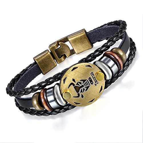 Flongo Lederarmband Horoskop Armband Damen Armkette Herren Armreif, Leder-Armband Armreif Manschette Manschettenknopf Schwarz Gold Golden Horoskop Tierkreis Sternzeichen Sternbild Stier von Flongo