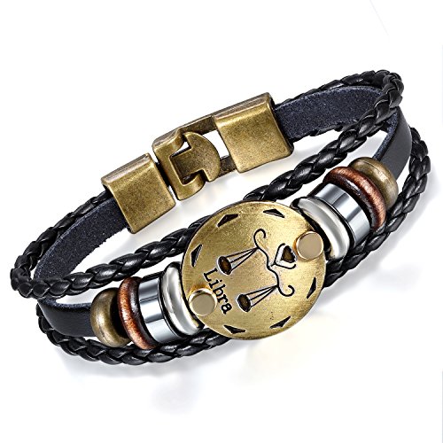 Flongo Lederarmband Horoskop Armband Damen Armkette Herren Armreif, Leder-Armband Armreif Manschette Manschettenknopf Schwarz Gold Golden Horoskop Tierkreis Sternzeichen Sternbild Waage von Flongo