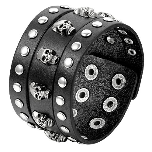 Flongo Leder Echtleder Armband Armreif Manschette Schwarz Silber Nieten Totenkopf Schädel Einstellbar Verstellbar Motorradfahrer Biker Herren von Flongo