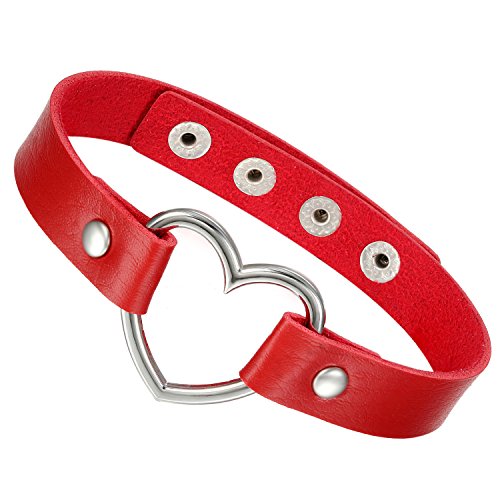 Flongo Choker Leder Halsband Lederhalsband Damen, Leder Halskette Halsband Anhänger Choker Tattoo Kette Rot Silber Herz Einstellbar Verstellbar Gothic Punk Rock Damen von Flongo