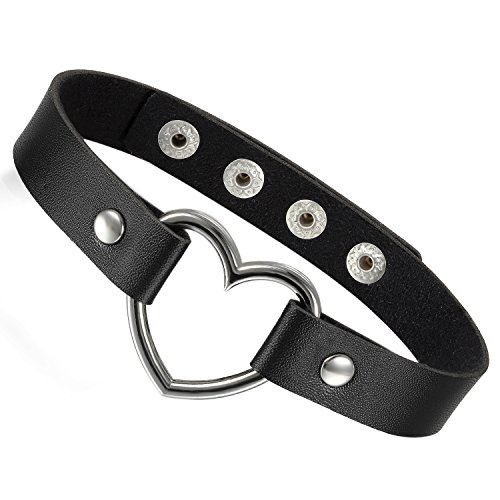 Flongo Choker Leder Halsband Lederhalsband Damen, Leder Halskette Halsband Anhänger Choker Tattoo Kette Schwarz Silber Herz Einstellbar Verstellbar Gothic Punk Rock Damen von Flongo