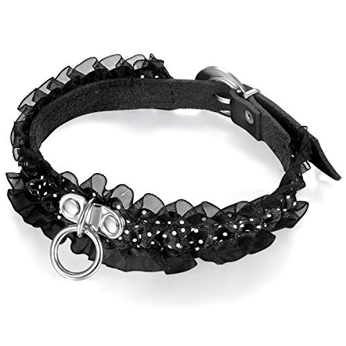 Flongo Damen Choker Spitze Halsband Leder Lace schwarz Gothic Tattoo Kette breit Halskette Schmuck Herz O-Ring Lederhalsband Einstellbar für Mädchen Frauen Kinder Halloween Kostüm von Flongo