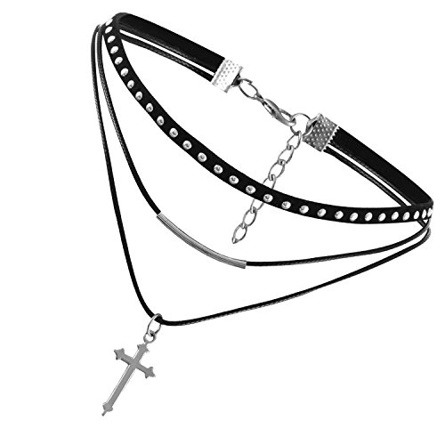 Flongo Damen Choker Halskette Leder Samt Halsband Velvet schwarz mit Silber Kreuz Cross Anhänger Punk Gothic Kette Lederband Verstellbar für Mädchen Herren Frauen Halloween Kleid Kostüm von Flongo
