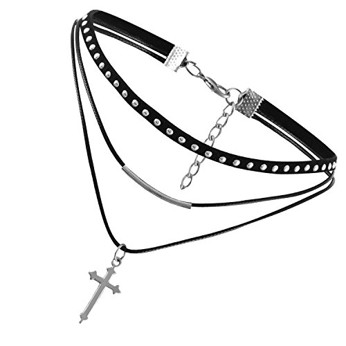 Flongo Damen Choker Halskette Leder Samt Halsband Velvet schwarz mit silber Kreuz Cross Anhänger Punk Gothic Kette Lederband Verstellbar für Mädchen Herren Frauen Halloween Kleid Kostüm von Flongo
