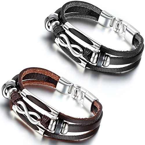 Flongo Lederarmband, 2 Stück Leder Echtleder Armband Armreifen Kordelkette Schwarz Braun Silber Infinity Unendlichkeit Lieben Zeichen Symbol 8 Motorradfahrer Biker Herren,Damen von Flongo