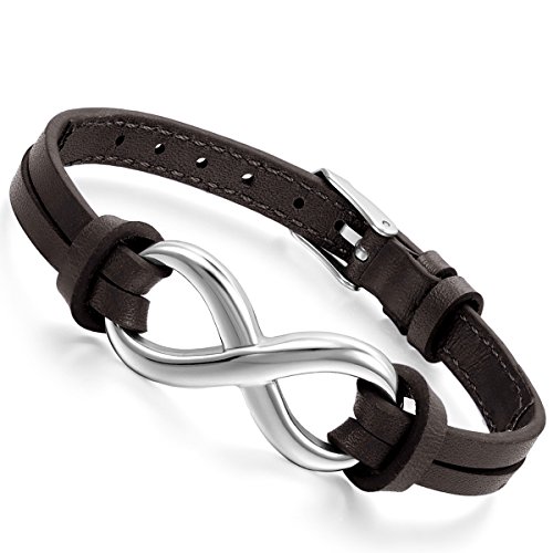 Flongo Lederarmband, Edelstahl Leder Echtleder Armband Armreifen Braun Infinity Unendlichkeit Zeichen Symbol Lieben Charm Charme Elegant Einstellbar Verstellbaren Passen Passend 7~9 Zoll Herren,Damen von Flongo