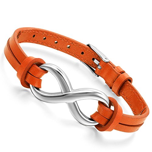 Flongo Lederarmband, Leder Echtleder Armband Armreifen Orange Infinity Unendlichkeit Zeichen Symbol Lieben Charme Verstellbaren Herren,Damen von Flongo