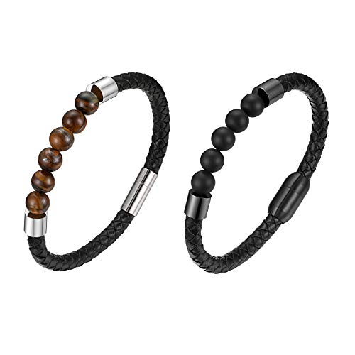 Flongo Lederarmband Energiearmband Lava Herren Echtleder Leder-Armband Damen Armreif Achat Tigerauge-Stein Kugel Perlen Armkette mit Magnetverschluss Schwarz für Männer Frauen 2er Set von Flongo