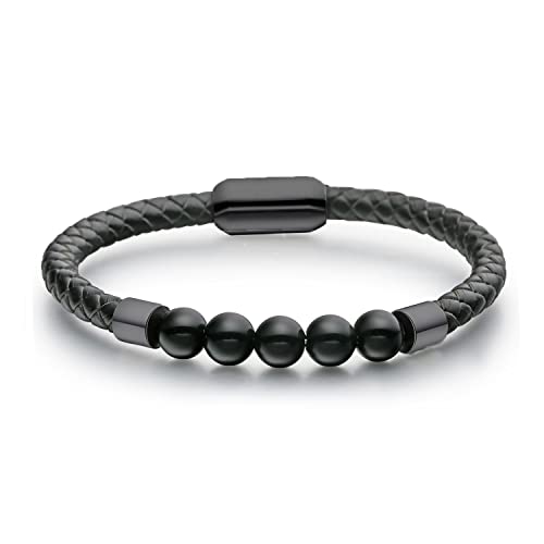 Flongo Lederarmband Energiearmband Lava Herren Echtleder Leder-Armband Damen Armreif Mala Lava-Stein Kugel Pernlen Armkette mit Magnetverschluss Schwarz für Männer Frauen von Flongo