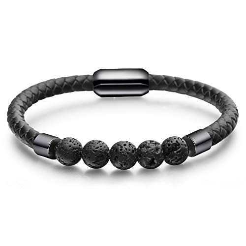 Flongo Lederarmband Energiearmband Lava Herren Echtleder Leder-Armband Damen Armreif Mala Lava-Stein Kugel Pernlen Armkette mit Magnetverschluss Schwarz für Männer Frauen von Flongo