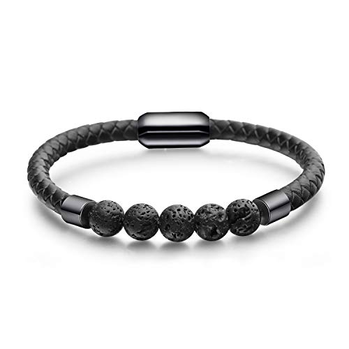 Flongo Lederarmband Energiearmband Lava Herren Echtleder Leder-Armband Damen Armreif Mala Lava-Stein Kugel Pernlen Armkette mit Magnetverschluss Schwarz für Männer Frauen von Flongo