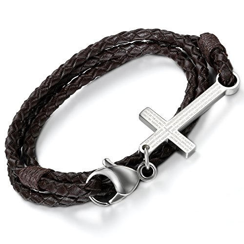 Flongo Lederarmband Herrenarmband Damenarmband, Edelstahl Leder Echtleder Armband Armreifen Manschette Braun Silber Englisch Bibel Herr Gebet Kruzifix Kreuz Motorradfahrer Biker Punk Rock Herren,Damen von Flongo