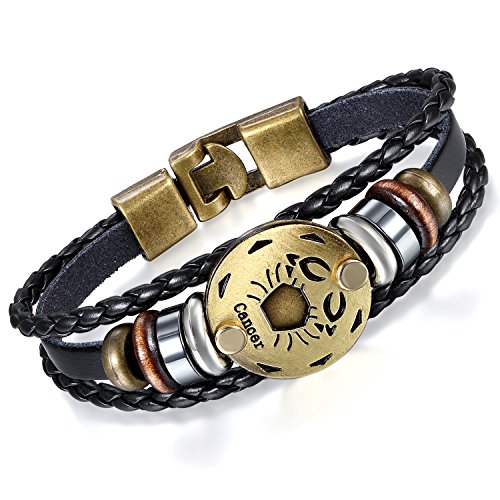Flongo Lederarmband Horoskop Armband Damen Armkette Herren Armreif, Leder-Armband Armreif Manschette Manschettenknopf Schwarz Gold Golden Horoskop Tierkreis Sternzeichen Sternbild Krebs von Flongo