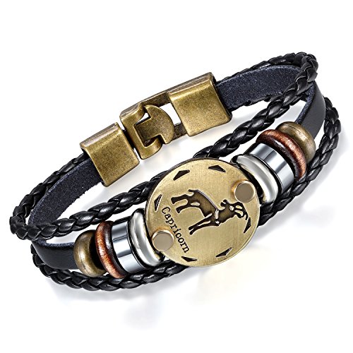 Flongo Lederarmband Horoskop Armband Damen Armkette Herren Armreif, Leder-Armband Armreif Manschette Manschettenknopf Schwarz Gold Golden Horoskop Tierkreis Sternzeichen Sternbild Steinbock von Flongo