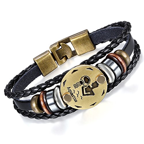 Flongo Lederarmband Horoskop Armband Damen Armkette Herren Armreif, Leder-Armband Armreif Manschette Manschettenknopf Schwarz Gold Golden Horoskop Tierkreis Sternzeichen Sternbild Wassermann von Flongo