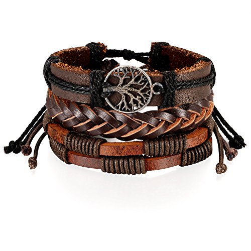 Flongo Lederarmband Leder-Armband, 3 Stück Armband Set Damenarmband Herrenarmband Leder Surfer Wickeln Geflochten Kordelkette Braun Baum des Lebens Armreif für Frauen Männer von Flongo