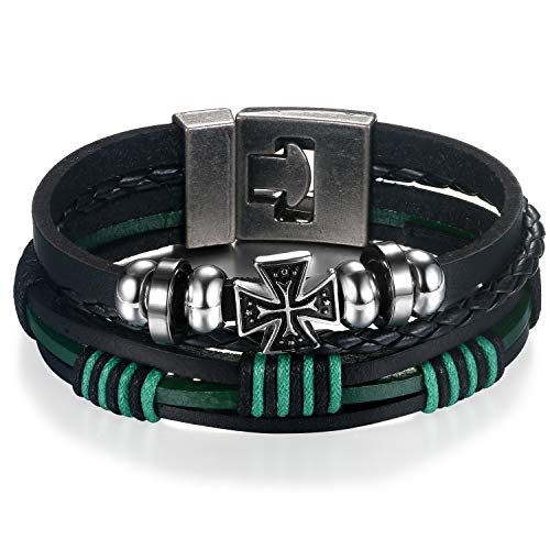 Flongo Lederarmband Männer Armband Frauen Armreif Freundschaftsarmbänder BFF Armbänder für 2 Schwarz Grün Kreuz von Flongo