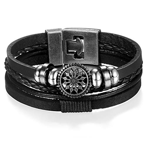 Flongo Lederarmband Männer Armband Frauen Armreif Freundschaftsarmbänder BFF Armbänder für 2 Schwarz Sonnenblume von Flongo