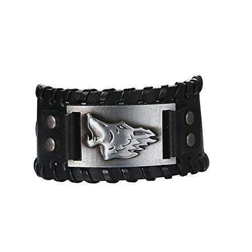 Flongo Lederarmband Männer Groß Leder Armband Herren Armreif Viking Wolf Fenrir Manschette Schwarz Verstellbar Motorradfahrer Biker Herren-Accessoires von Flongo