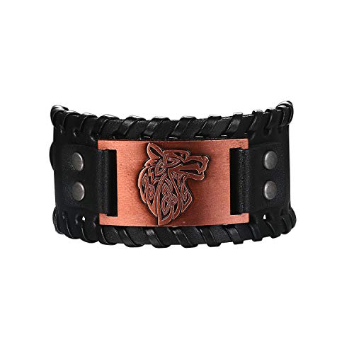 Flongo Lederarmband Männer Groß Leder Armband Herren Armreif Viking Wolf Fenrir Manschette Schwarz Verstellbar Motorradfahrer Biker Herren-Accessoires von Flongo