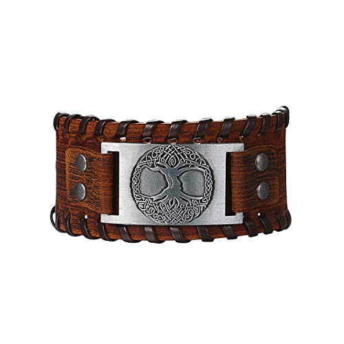 Flongo Lederarmband Männer Groß Leder Armband Herren Armreif Wikinger Lebensbaum Tree of Life Manschette Schwarz Braun Verstellbar Motorradfahrer Biker Herren-Accessoires von Flongo