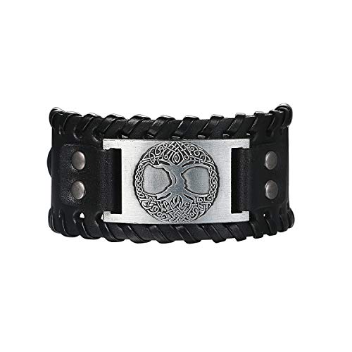 Flongo Lederarmband Männer Groß Leder Armband Herren Armreif Wikinger Lebensbaum Tree of Life Manschette Schwarz Braun Verstellbar Motorradfahrer Biker Herren-Accessoires von Flongo