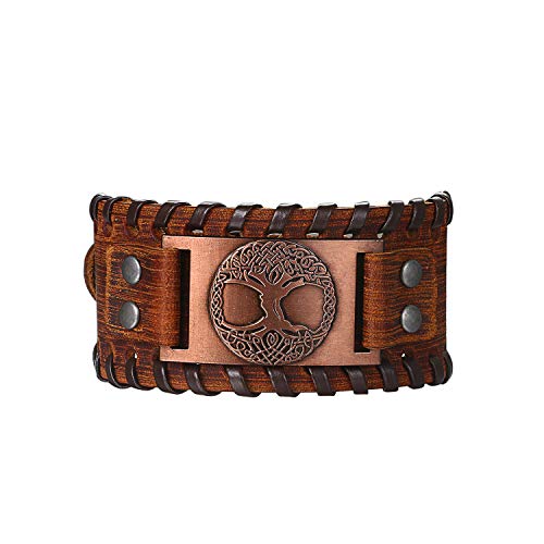 Flongo Lederarmband Männer Groß Leder Armband Herren Armreif Wikinger Lebensbaum Tree of Life Manschette Schwarz Braun Verstellbar Motorradfahrer Biker Herren-Accessoires von Flongo