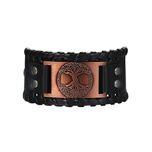 Flongo Lederarmband Männer Groß Leder Armband Herren Armreif Wikinger Lebensbaum Tree of Life Manschette Schwarz Braun Verstellbar Motorradfahrer Biker Herren-Accessoires von Flongo