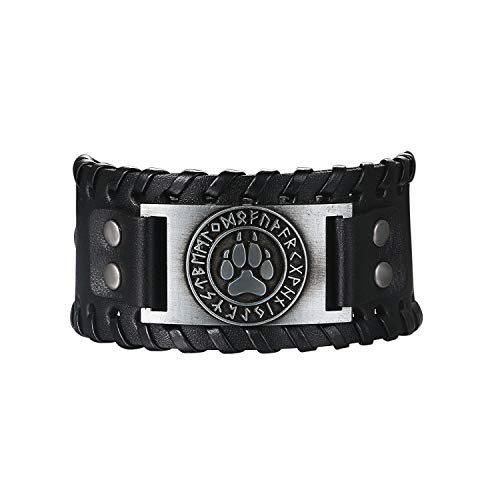 Flongo Lederarmband Männer Groß Leder Armband Herren Armreif Wikinger Wolfspfote Wolf Paw Manschette Schwarz Braun Verstellbar Motorradfahrer Biker Herren-Accessoires von Flongo