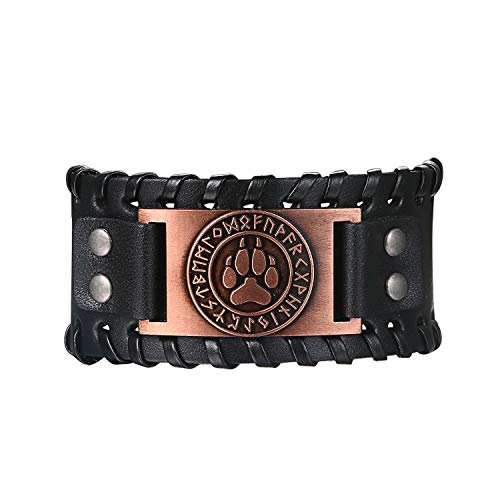 Flongo Lederarmband Männer Groß Leder Armband Herren Armreif Wikinger Wolfspfote Wolf Paw Manschette Schwarz Braun Verstellbar Motorradfahrer Biker Herren-Accessoires von Flongo
