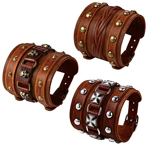 Flongo Lederarmband Set Herren Breites Manschette Armband mit Nieten Kreuz Totenkopf Punk Biker Geflochten Armbänder Armreif mit Schnalle Schdädel verstellbar braun von Flongo