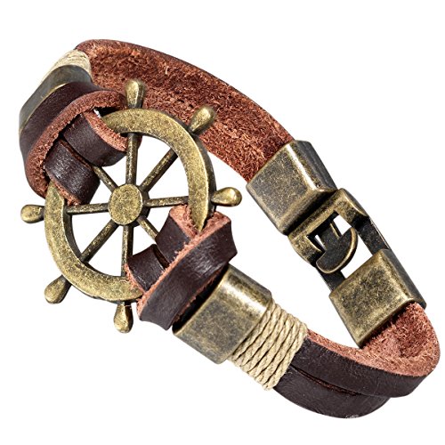 Flongo Legierung Leder Armband Armreif Manschette Baumwollseil Gold Braun Piraten Rudder Jahrgang Stammes Herren,Damen von Flongo