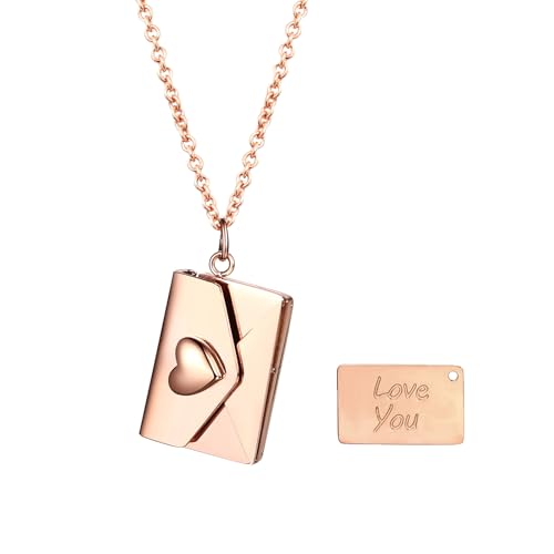 Flongo Liebesbrief Halskette Umschlag Kette: Graviert Paar Edelstahl Kette Liebe Brief öffenbar Umschlag Anhänger Halskette Rosegold I Love You letter Halskette Valentinstag Damen Geschenk Freundin von Flongo