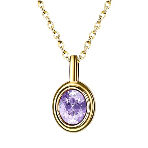 Flongo Lila Geburtsstein Halskette für Damen: Gold Vergoldete Edelstahl Halskette mit Kristall - Februar Geburtstagsgeschenk - Ovaler Anhänger mit Kristallsteinen von Flongo