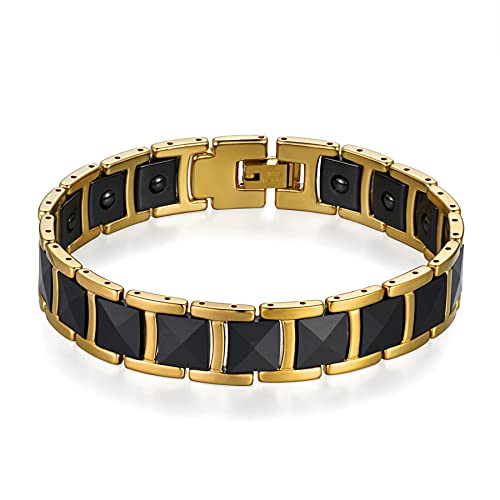 Flongo Herren Magnetarmband Keramik Porzellan Therapie Kugel Gesundheit Armband Armreif mit Schwarz Gold Männer Schmuck Accessoires von Flongo