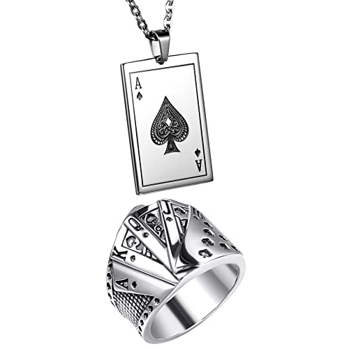 Flongo Herren Kette Ring Set Halskette mit Poker Anhänger Siegelring Bandring Männer Schmuckset mit Pik-Ass Spielkarte Royal Flush Poker Karten Silber Größe 67 von Flongo