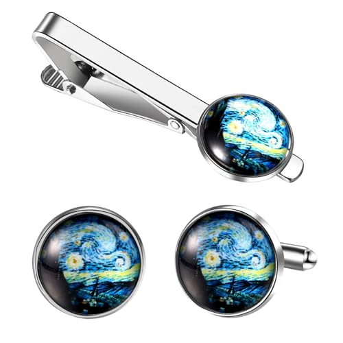 Flongo Manschettenknöpfe und Krawattenklammer Sternennacht für Herren: 2 Stück Vincent van Gogh Silber Kunst Schmuck Künstler Motiv Accessoires Hochzeit Business Abendgarderobe von Flongo