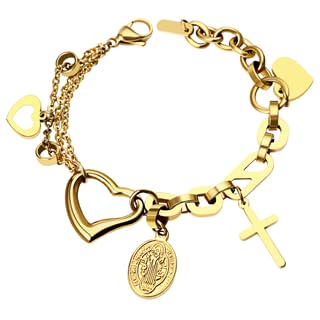 Flongo Maria Kreuz Armband Damen: Gold Verstellbares Edelstahl Jungfrau Maria Armband mit 3 verschiedene Herz Mia Fiore Gebetskette Rosenkranz Katholischer Christlicher Schmuck Für Frau Mutter von Flongo
