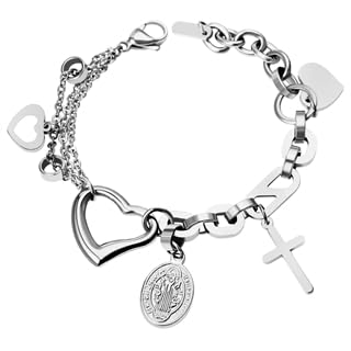 Flongo Maria Kreuz Armband Damen: Silber Verstellbares Edelstahl Jungfrau Maria Armband mit 3 verschiedene Herz Mia Fiore Gebetskette Rosenkranz Katholischer Christlicher Schmuck Für Frau Mutter von Flongo