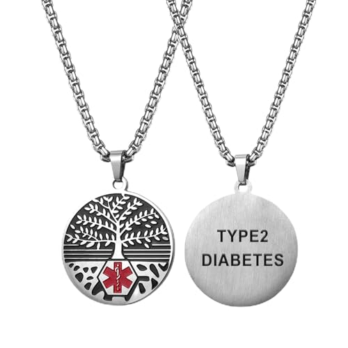 Flongo Medizinischer Notfall Halskette für Damen: TYPE2 DIABETES Lebensbaum Anhänger - Medizinisches ID Erkennungsmarke mit Gravur - Notfallkette für Diabetiker - Unisex Schmuck Silber von Flongo