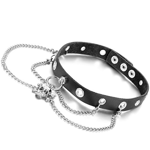 Flongo Choker Tattoo Kette Lederhalsband Damen Herren Halskette Gotik Halsband Schmuck Schwarz Silber Totenkopf Schädel Kette Ring Einstellbar Verstellbaren Punk Rock von Flongo