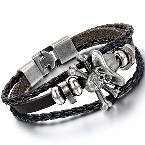 Flongo Metalllegierung Legierung Leder Echtleder Armband Armreifen Kordelkette Schwarz Silber One Piece Totenkopf Schädel Motorradfahrer Biker Herren von Flongo