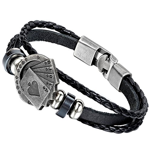 Flongo Herren Poker Armband Leder: Lederarmband Silber Schwarz Kette mit Spielkarte Karten Anhänger Armreif Pik Ass Joker 10/J/Q/K/A punk Männer Accessoires von Flongo