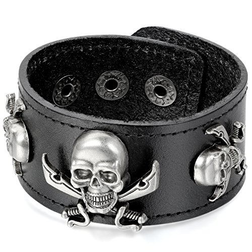 Flongo Metalllegierung Legierung Leder Echtleder Armband Armreifen Manschette Silber Schwarz Piraten Totenkopf Schädel Einstellbar Verstellbaren Gotik Herren von Flongo