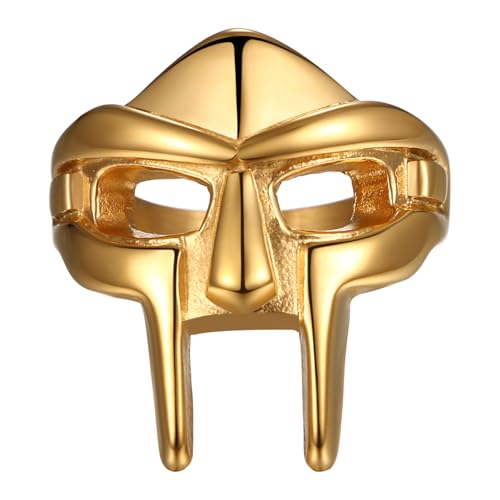 Flongo Mf Doom Ring Herren: Gladiator Mask Ringe Gold Ring Wikinger Spartan Maske Edelstahl Gothic Schmuck Viking Helm Nordic Pagan Geschenk für Männer Damen Halloween Doomsday Ringgröße 62mm von Flongo