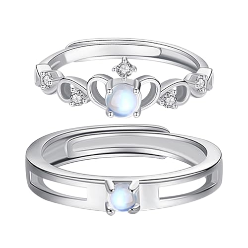 Flongo Mondstein Krone Ringe für Damen: 2 Stück Valentinstag Paar Verlobungsringe mit Naturstein - Edelstahl Eheringe - Verstellbare Partnerringe - Ewige Liebe Versprechen Ringe - Jubiläumsgeschenk von Flongo