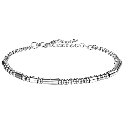 Flongo Morsecode Armband Silber für Damen: Never Give Up - Motivation Edelstahl Vergoldet Perlenarmband - Verstellbar 19cm+5cm - Inspirierendes Geschenk - Geheimbotschaft - Unisex Schmuck von Flongo