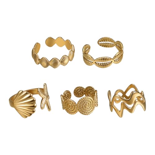 Flongo Muschel Ringe Strand für Damen: 5 Stück Goldene Seestern Welle - Verstellbare Edelstahl Schmuck Offene Fingerringe - Sommer Ozean Maritime Accessoires Beach Jewelry Coastal Style für Frauen von Flongo