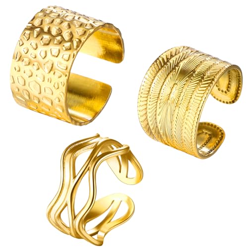 Flongo Offener breiter Ring Für Damen: 3 Stück Verstellbarer vergoldeter Ring Sonnenschliff Skelett Ring Stapelbarer Ring mit Fächer Muster Edelstahl Unregelmäßige Oberfläche chunky ring Frauen von Flongo