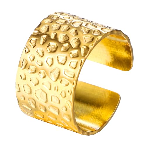 Flongo Offener breiter Ring Für Damen: Verstellbarer vergoldeter Ring Stapelbarer Ring mit Fächer Muster Edelstahl Unregelmäßige Oberfläche chunky ring Frauen Flongo Offener breiter Ring Für Damen: Verstellbarer vergoldeter Ring Stapelbarer Ring mit Fächer Muster Edelstahl Unregelmäßige Oberfläche chunky ring Frauen von Flongo